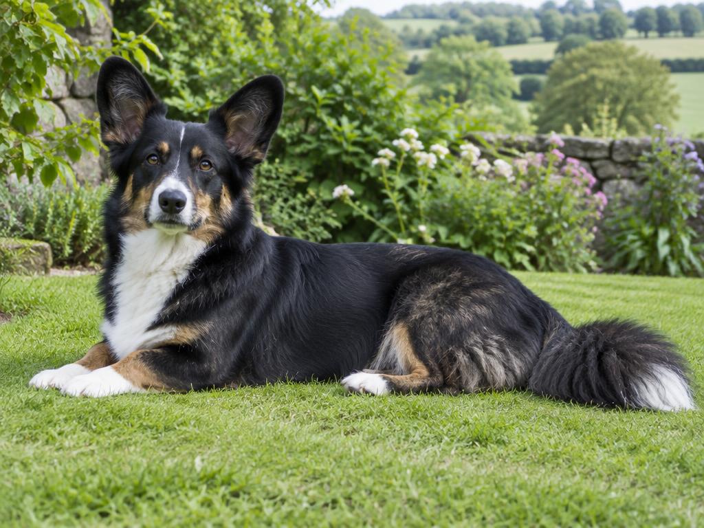 Cardigan Welsh Corgi negro y fuego en un jardín